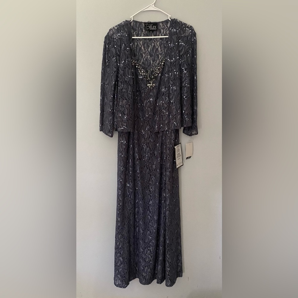 Textured Blue Smoke Long Dress With Jacket
